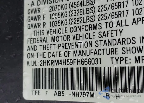 2015 Honda Cr-V Ex z USA, uszkodzony, nr VIN 2HKRM4H59FH666031
